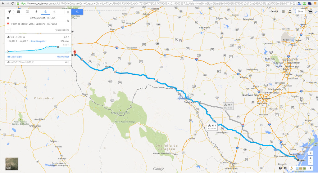 Bike roadmap from Corpus Christi to Valentine Texas